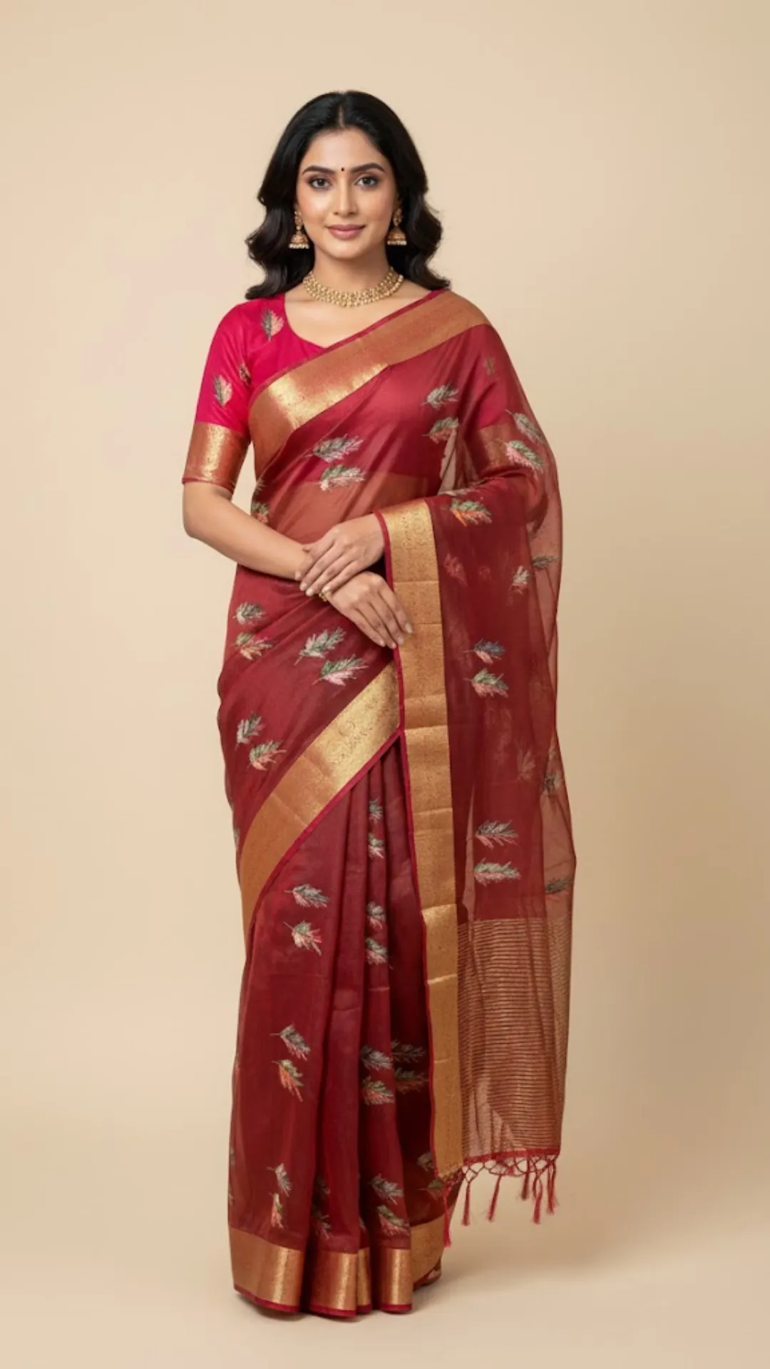 Deep Red Soft Organza Silk Saree with Elegant Foil Print  Zari Border