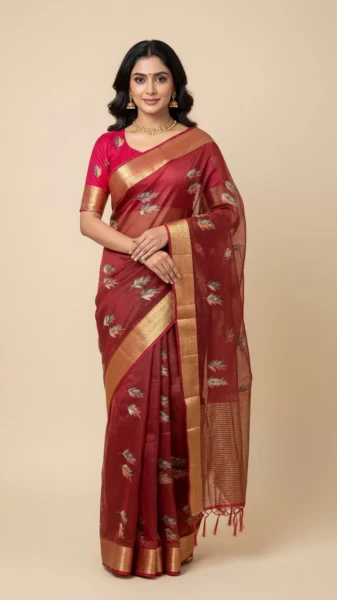 Image of Deep Red Soft Organza Silk Saree with Elegant Foil Print &amp; Zari Border