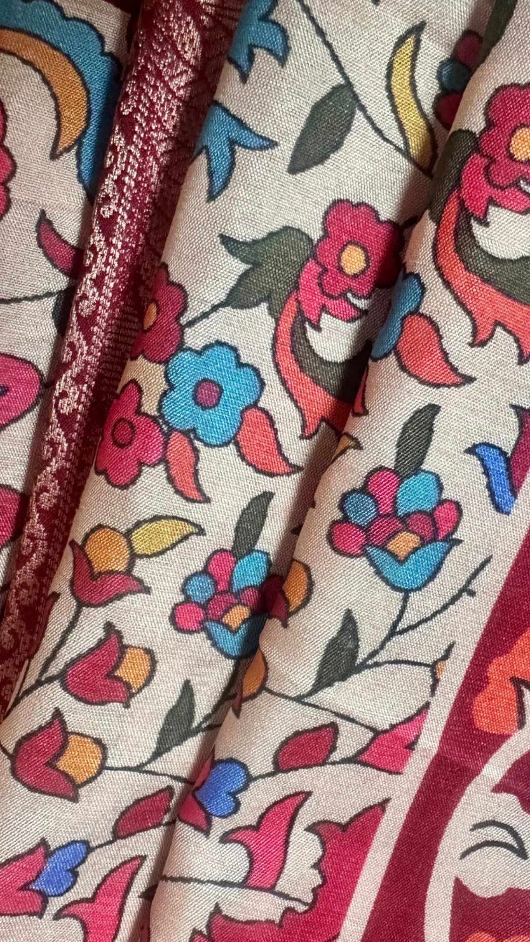 Multi kalamakari floral printed tussar silk saree with zari motif border