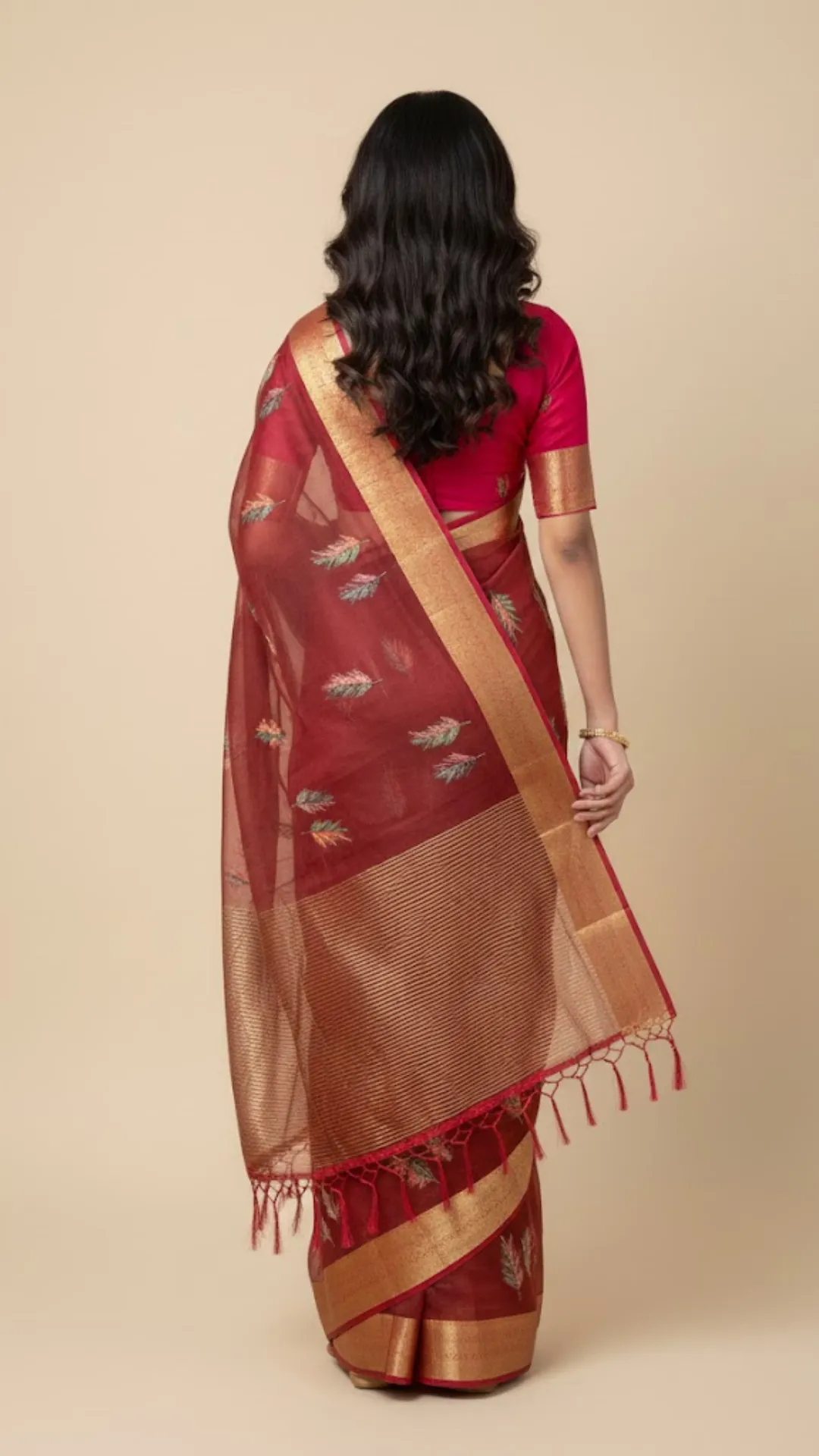 Deep Red Soft Organza Silk Saree with Elegant Foil Print  Zari Border
