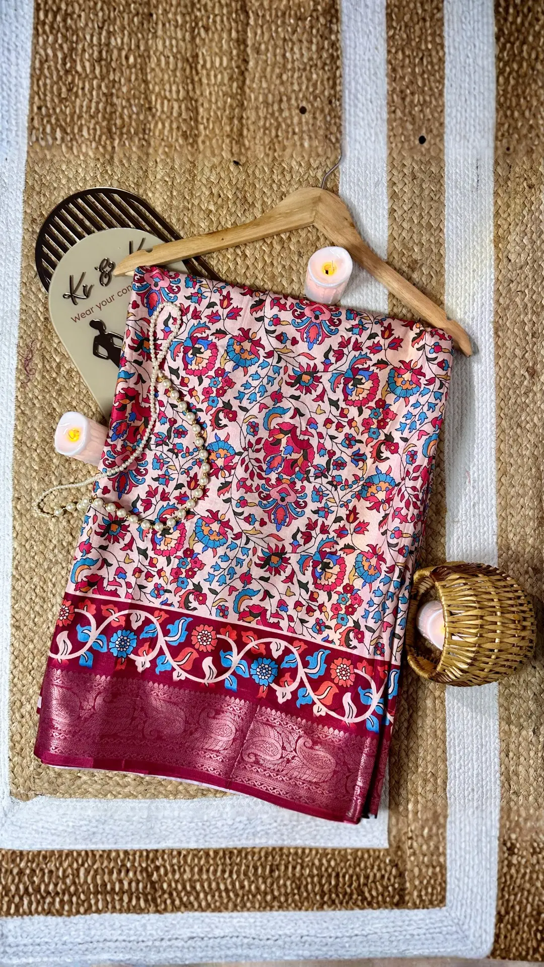 Multi kalamakari floral printed tussar silk saree with zari motif border