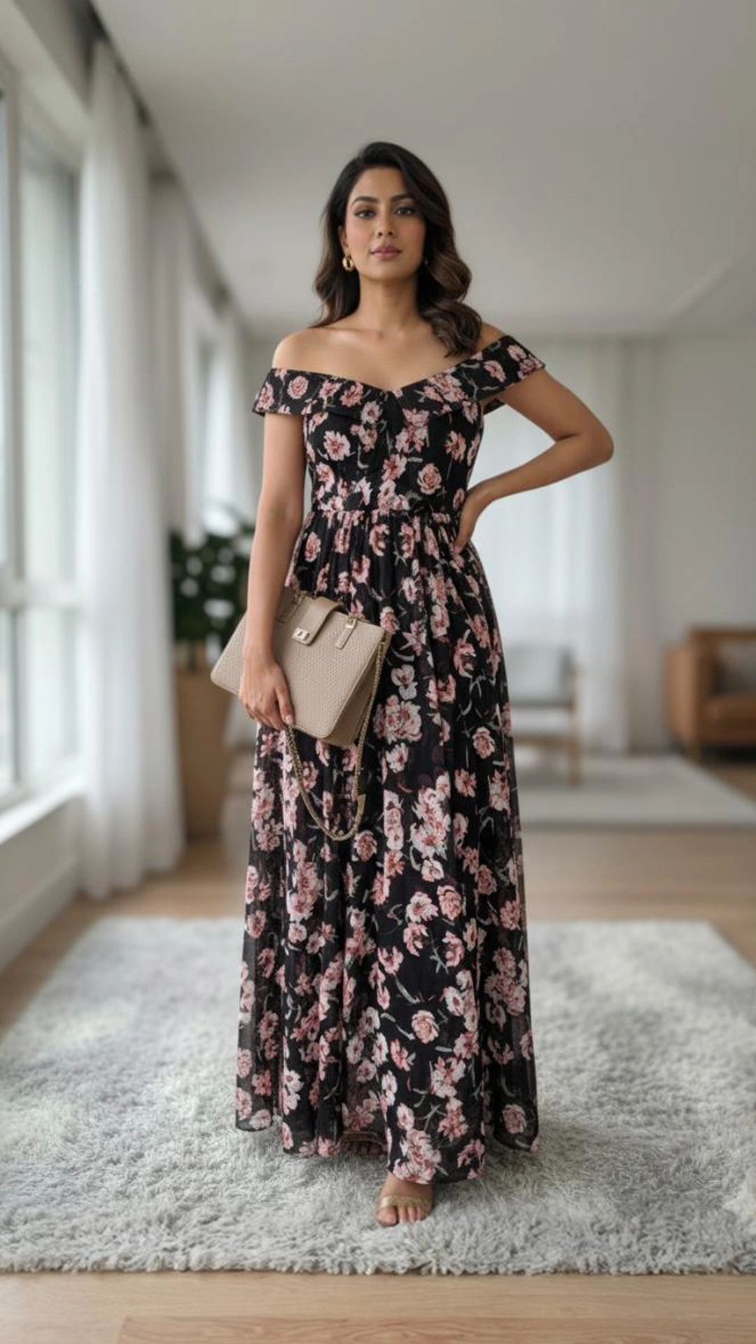 Flowy Black Floral Maxi Dress - Off-Shoulder Ruffle Tiered Skirt