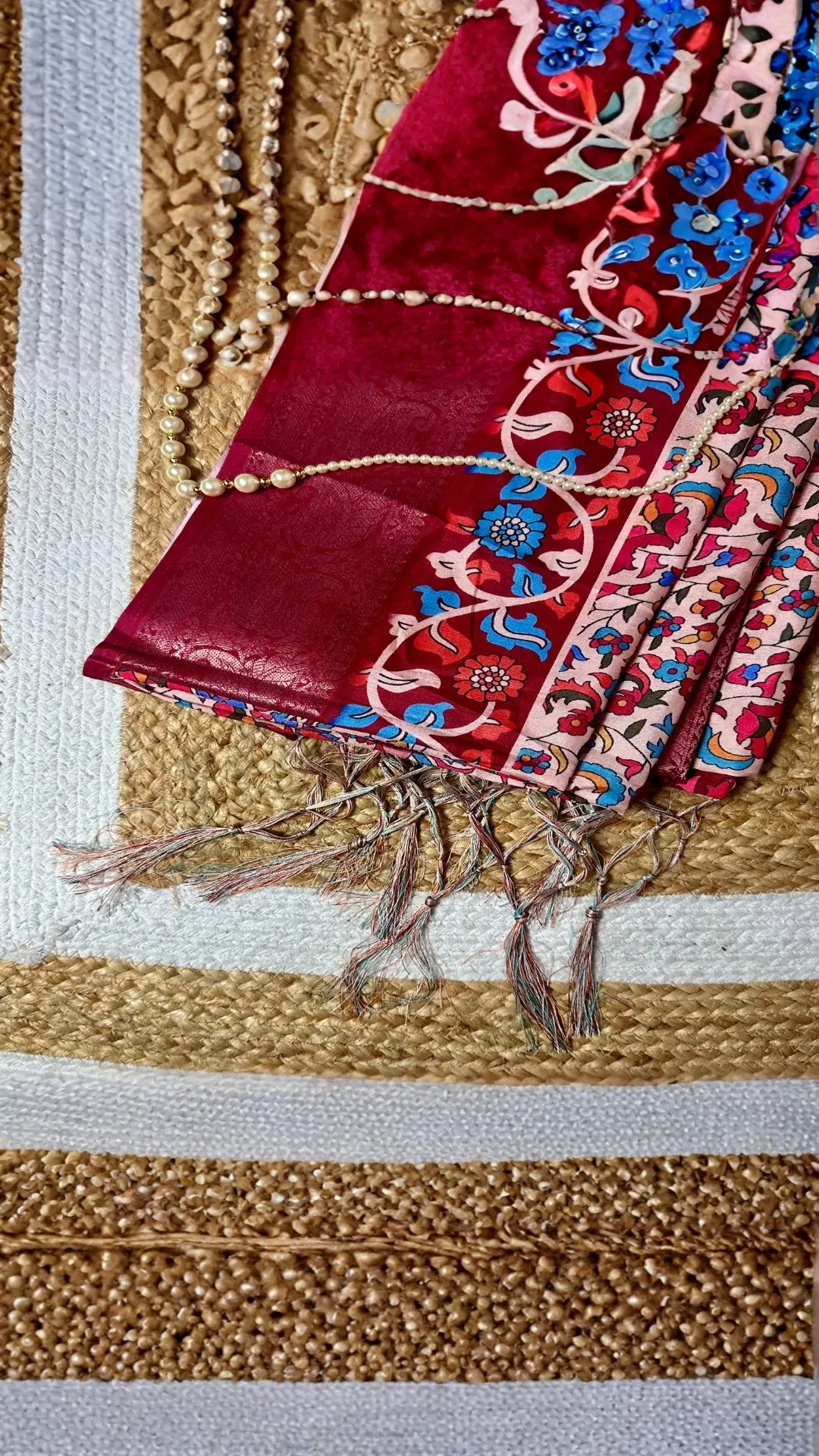 Multi kalamakari floral printed tussar silk saree with zari motif border