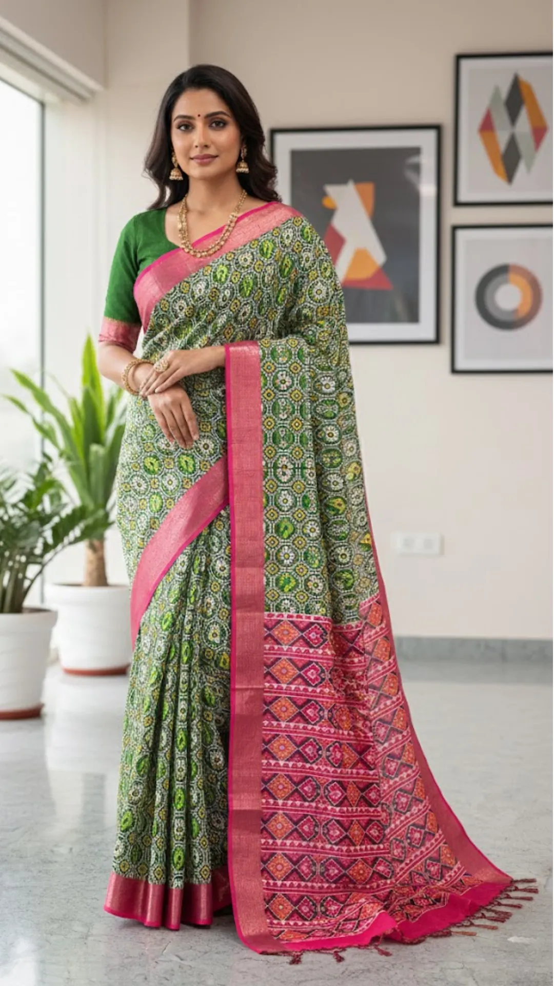 Green digital printed tussar silk saree with zari motif border