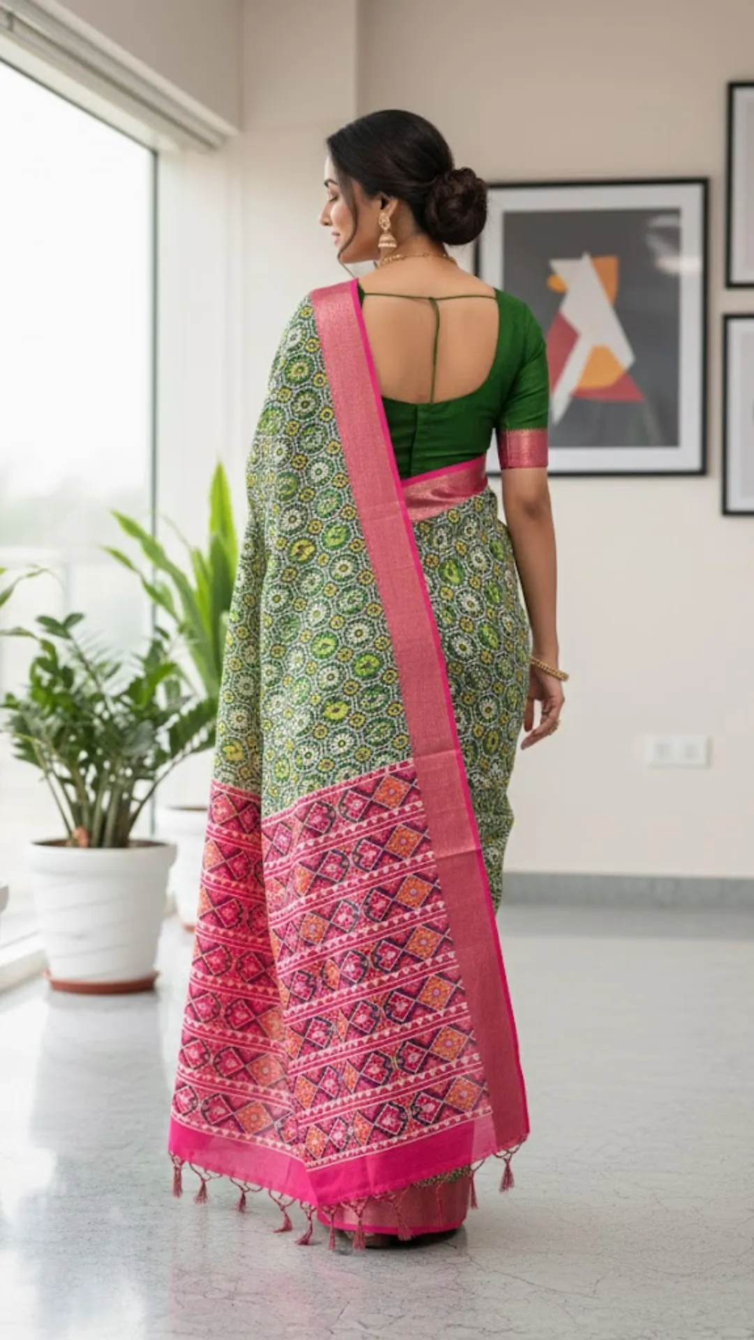 Green digital printed tussar silk saree with zari motif border