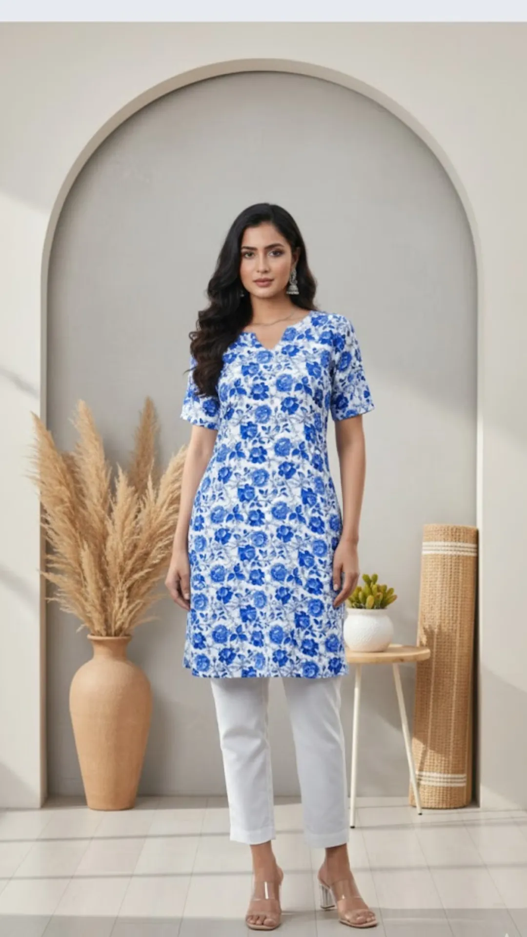 Royal Blue Floral Print Cotton Kurti with Keyhole Neckline