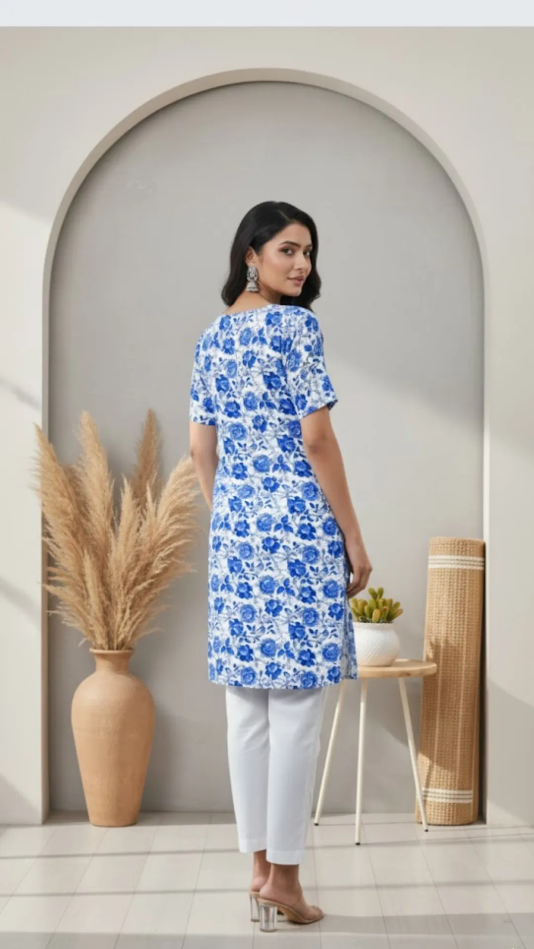 Royal Blue Floral Print Cotton Kurti with Keyhole Neckline
