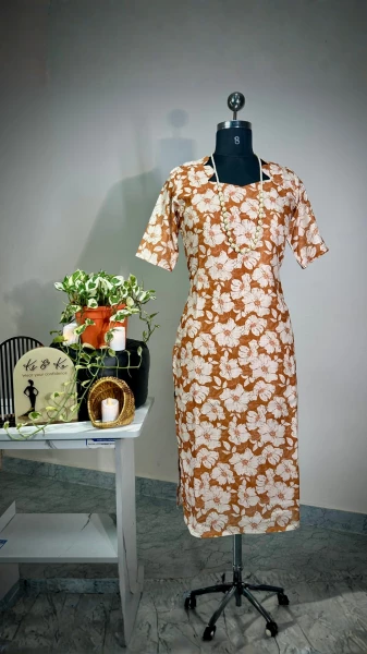 Image of Comfortable Cotton Blend Kurti - Rustic Floral Print Straight Fit