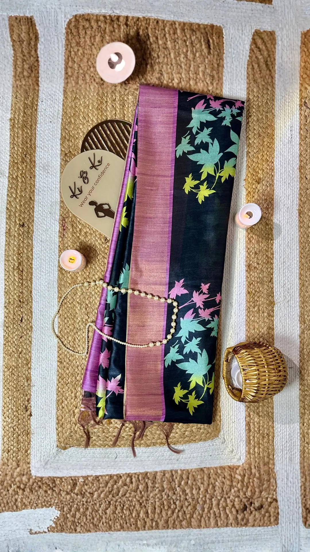 Black Tussar Silk Saree with Neon Kalamkari Print