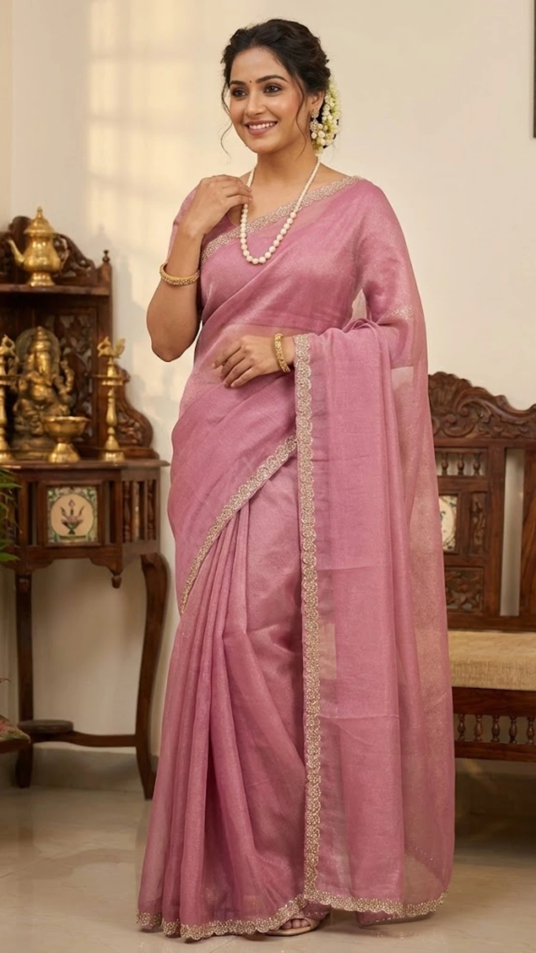 Glass Tissue Saree with Delicate Scallop Border - Multi-Variant