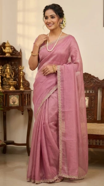 Image of Glass Tissue Saree with Delicate Scallop Border - Multi-Variant
