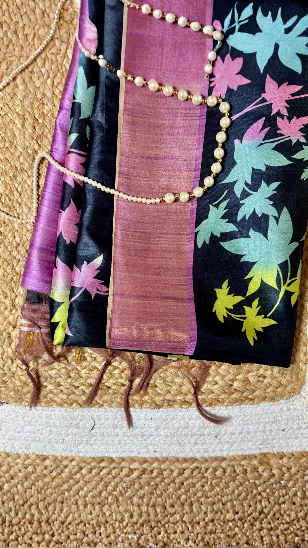 Black Tussar Silk Saree with Neon Kalamkari Print