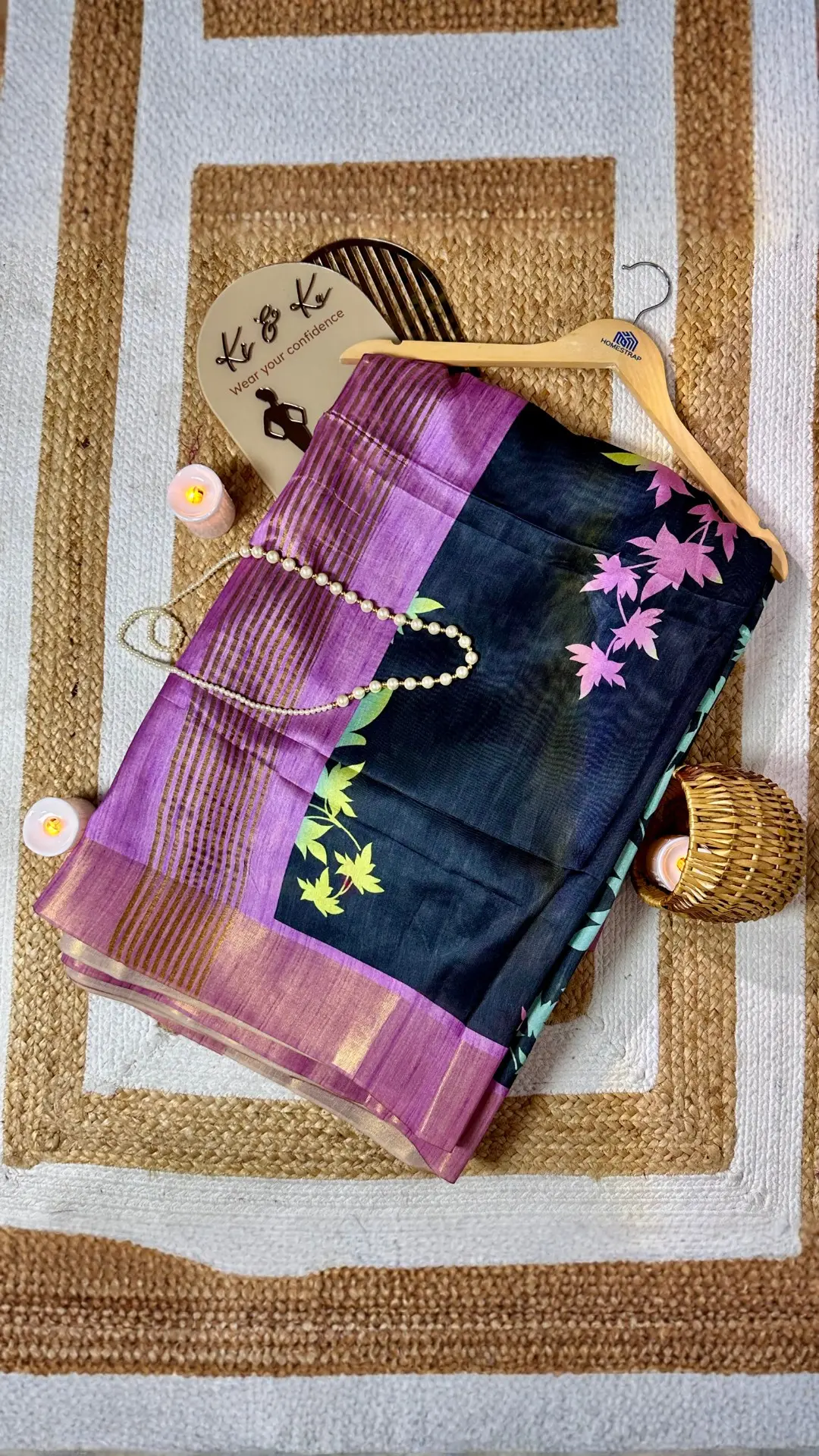Black Tussar Silk Saree with Neon Kalamkari Print