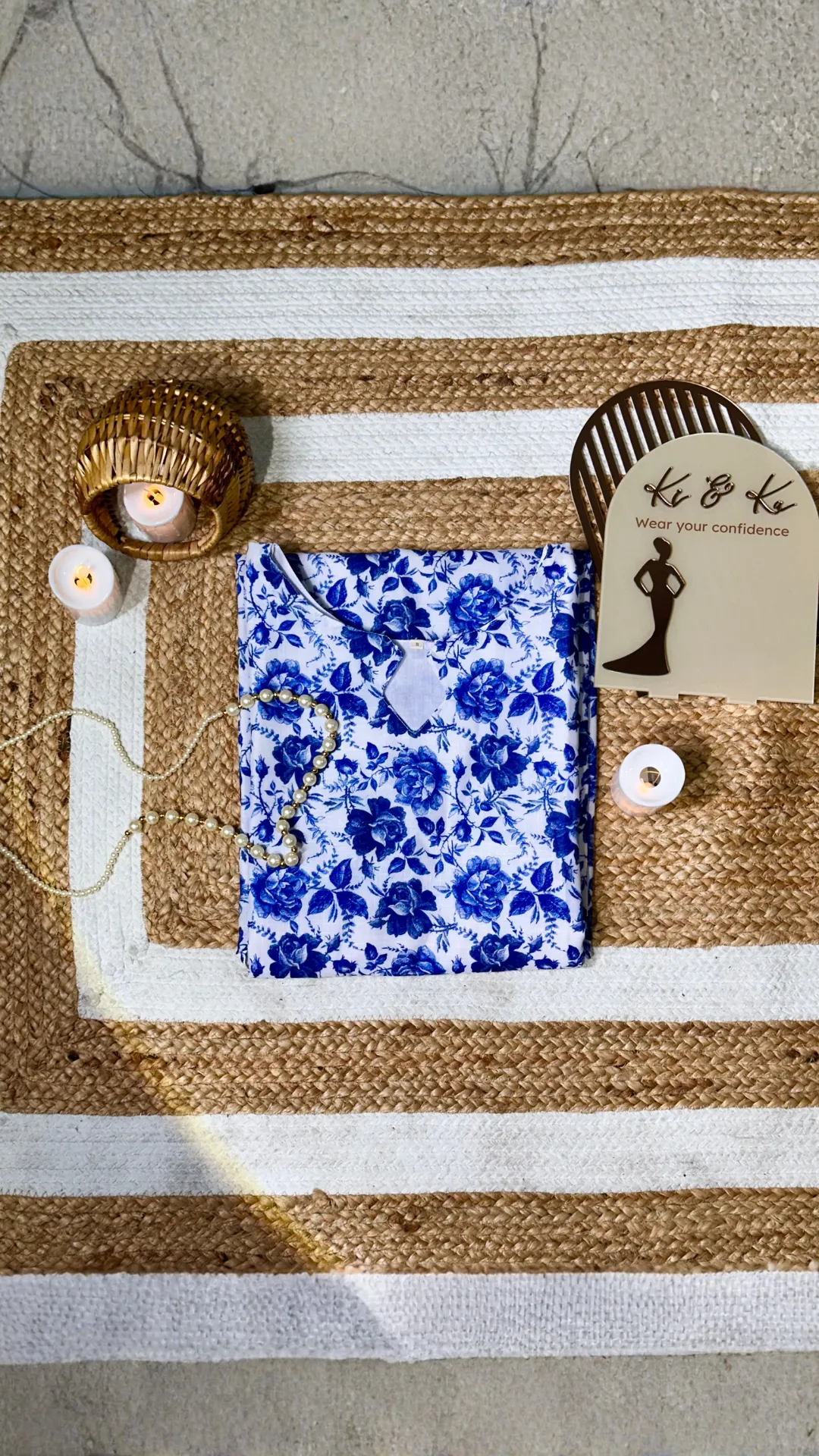 Royal Blue Floral Print Cotton Kurti with Keyhole Neckline