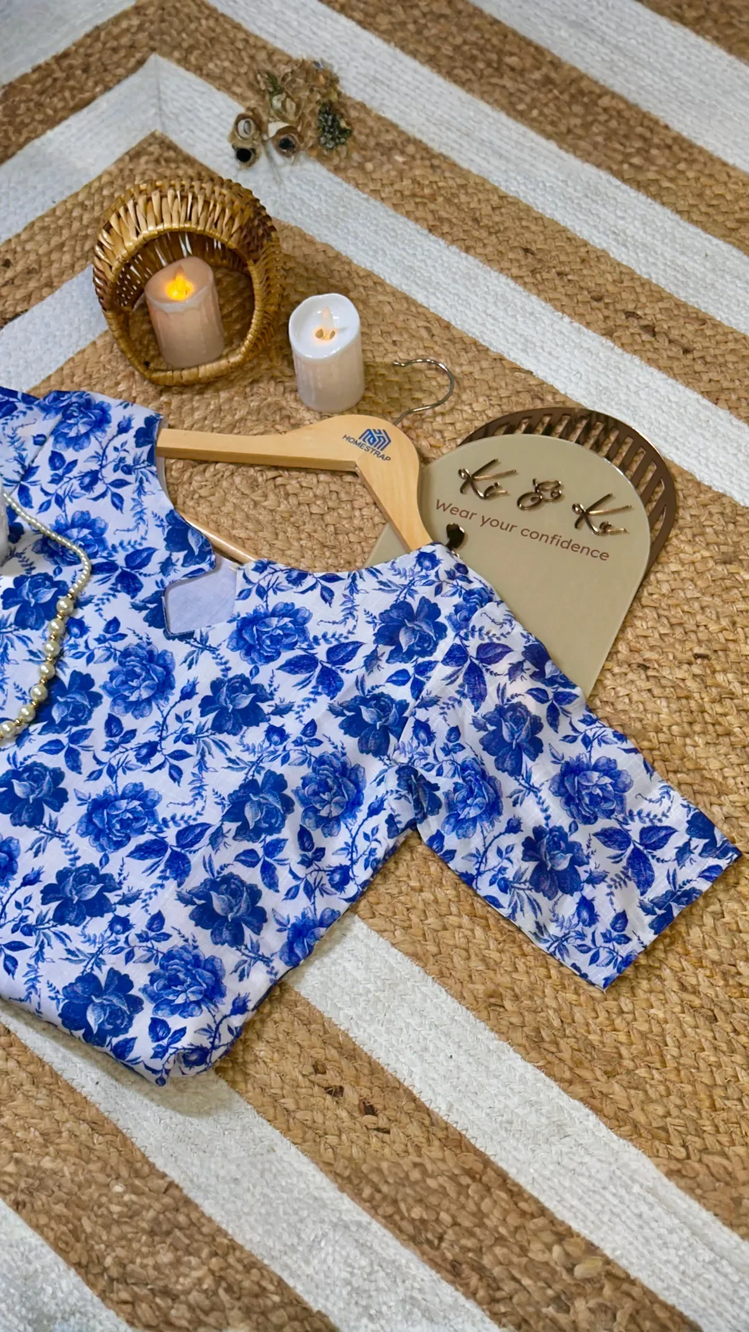 Royal Blue Floral Print Cotton Kurti with Keyhole Neckline