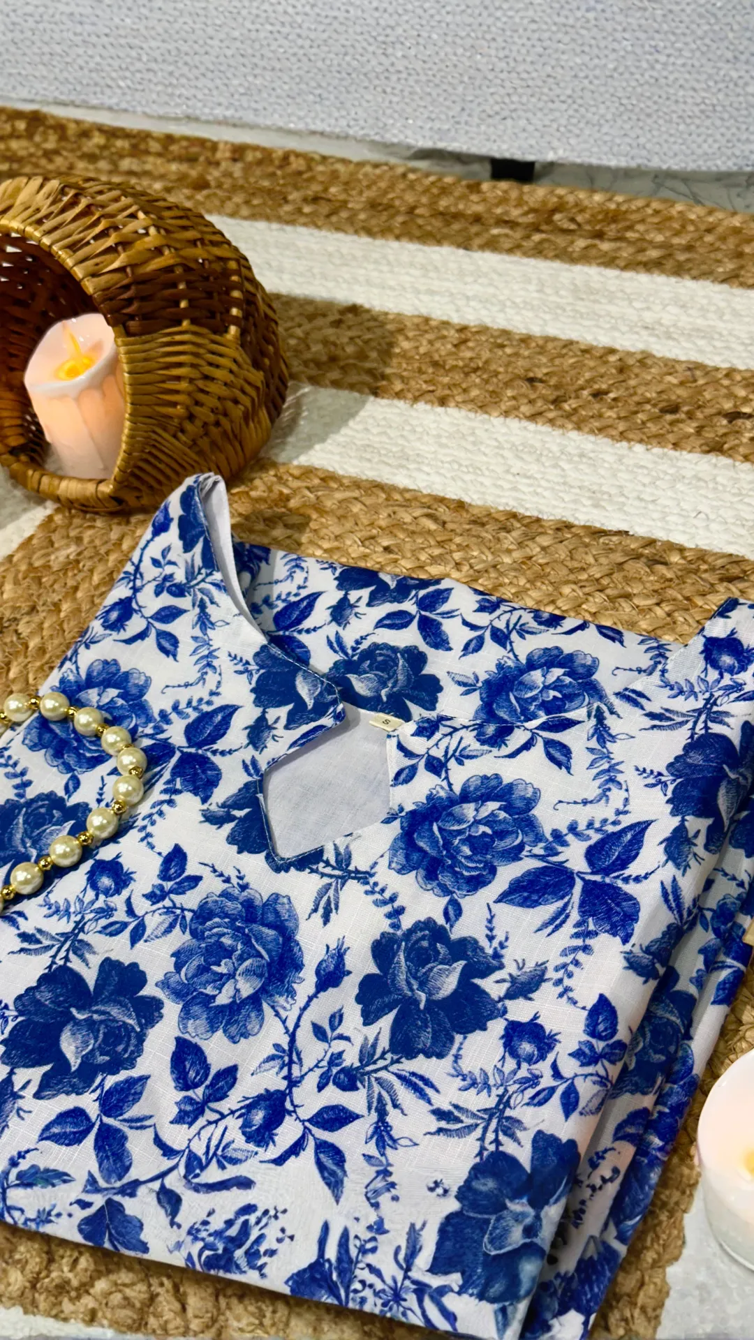 Royal Blue Floral Print Cotton Kurti with Keyhole Neckline