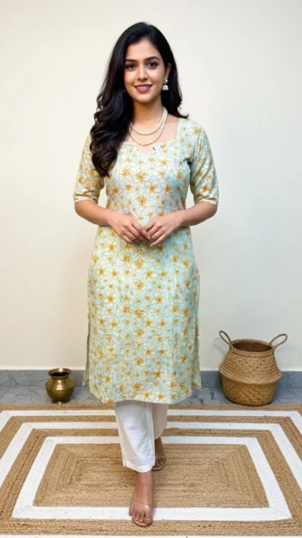 Image of Aqua Tropical Floral Print Cotton Kurti - Summer Vacation Wear