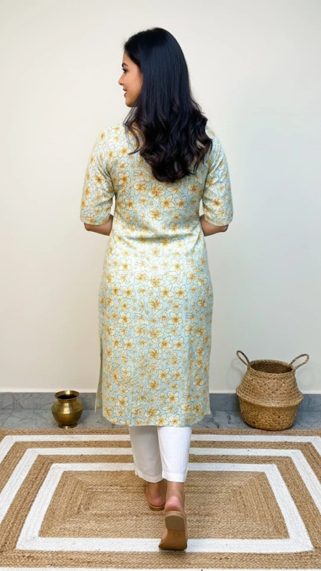 Aqua Tropical Floral Print Cotton Kurti - Summer Vacation Wear