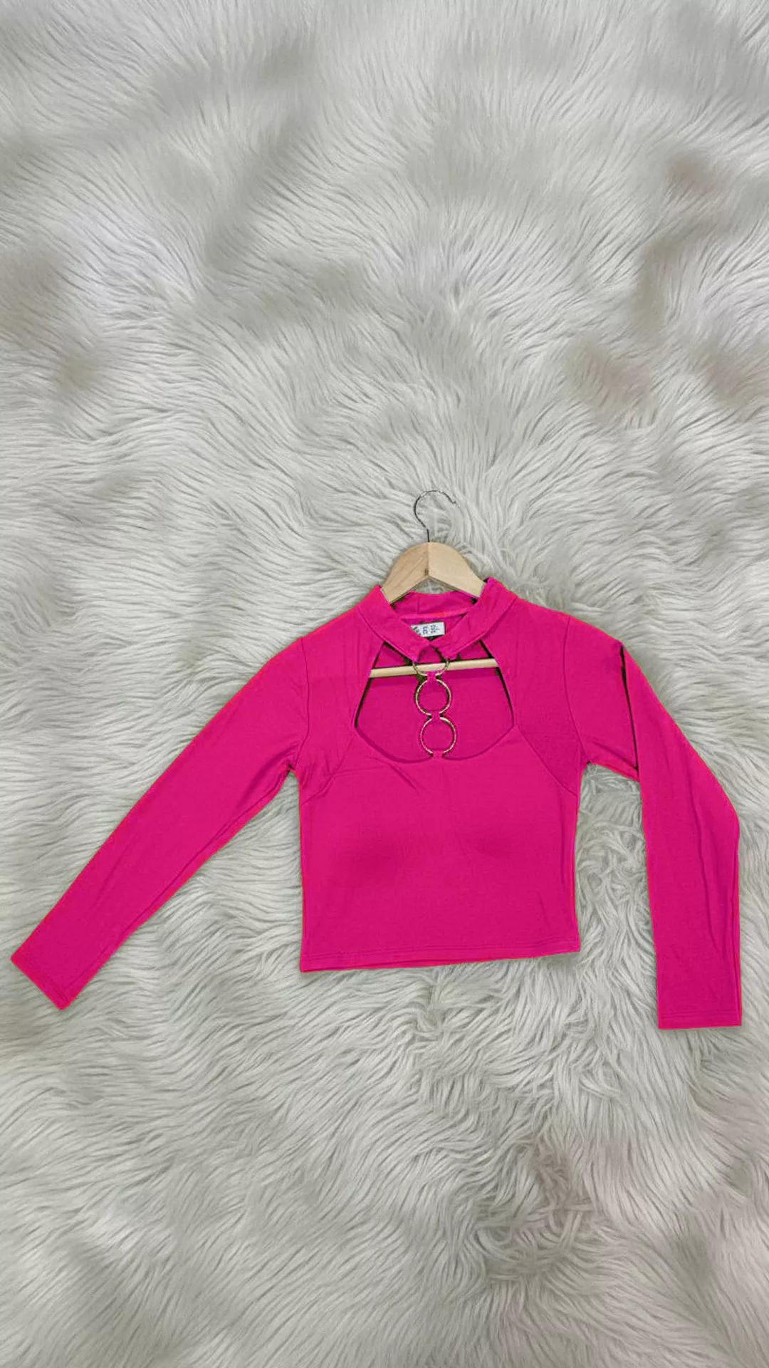 Trendy Metal Ring Cutout Crop Top - Long Sleeve Mock Neck