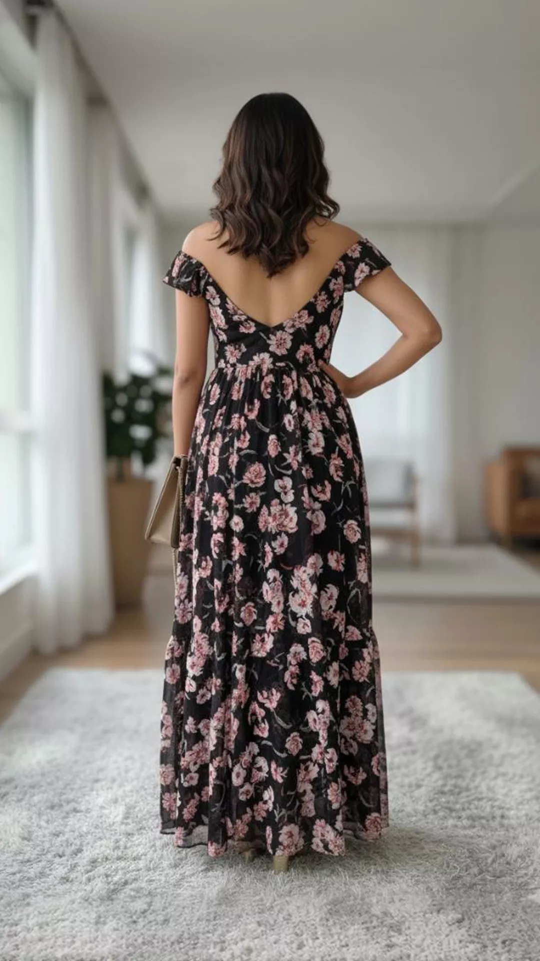 Flowy Black Floral Maxi Dress - Off-Shoulder Ruffle  Tiered Skirt