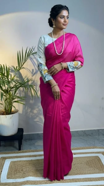 Image of Pastel Fancy Khadi Cotton Saree with Contrast Printed Blouse