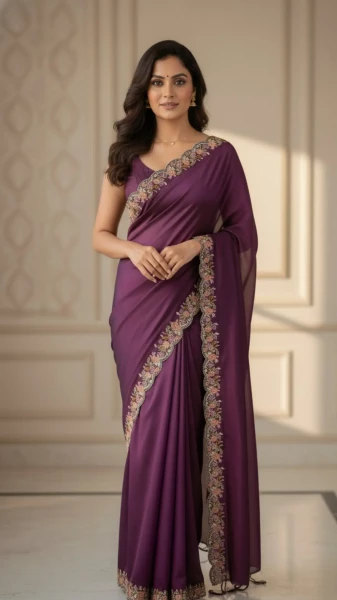 Image of Magenta and Black color fancy tussar silk saree with embroidery &amp; cutwork border