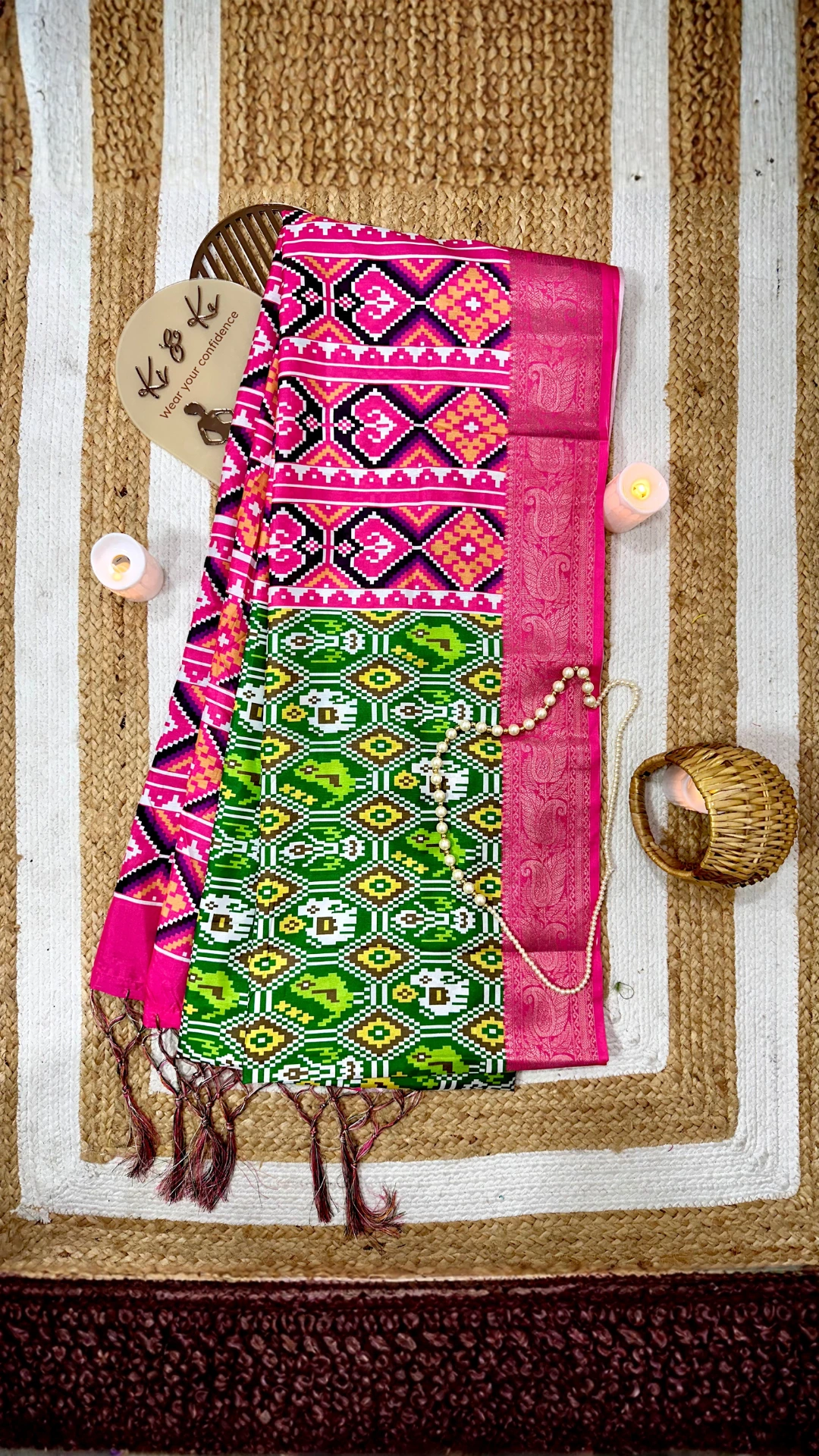 Green digital printed tussar silk saree with zari motif border