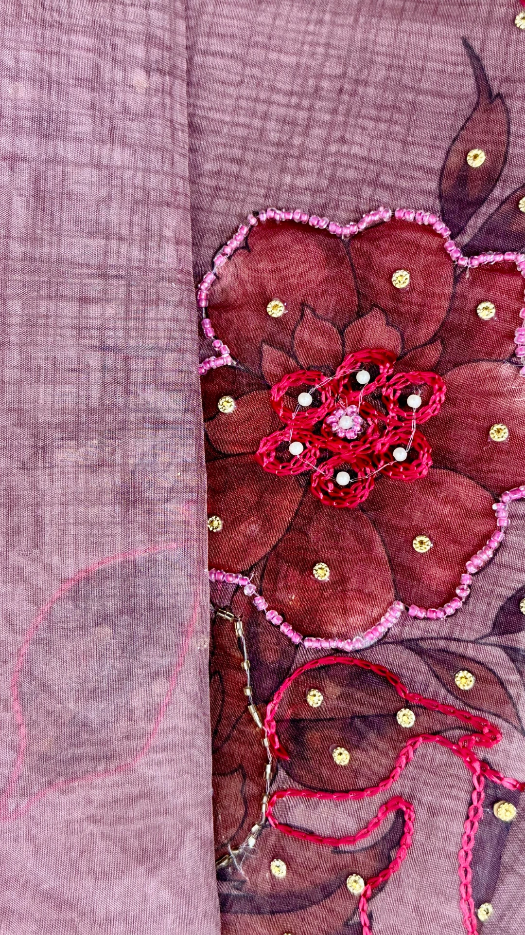 Dusty pink orgenza silk saree with digital print and Khatli work