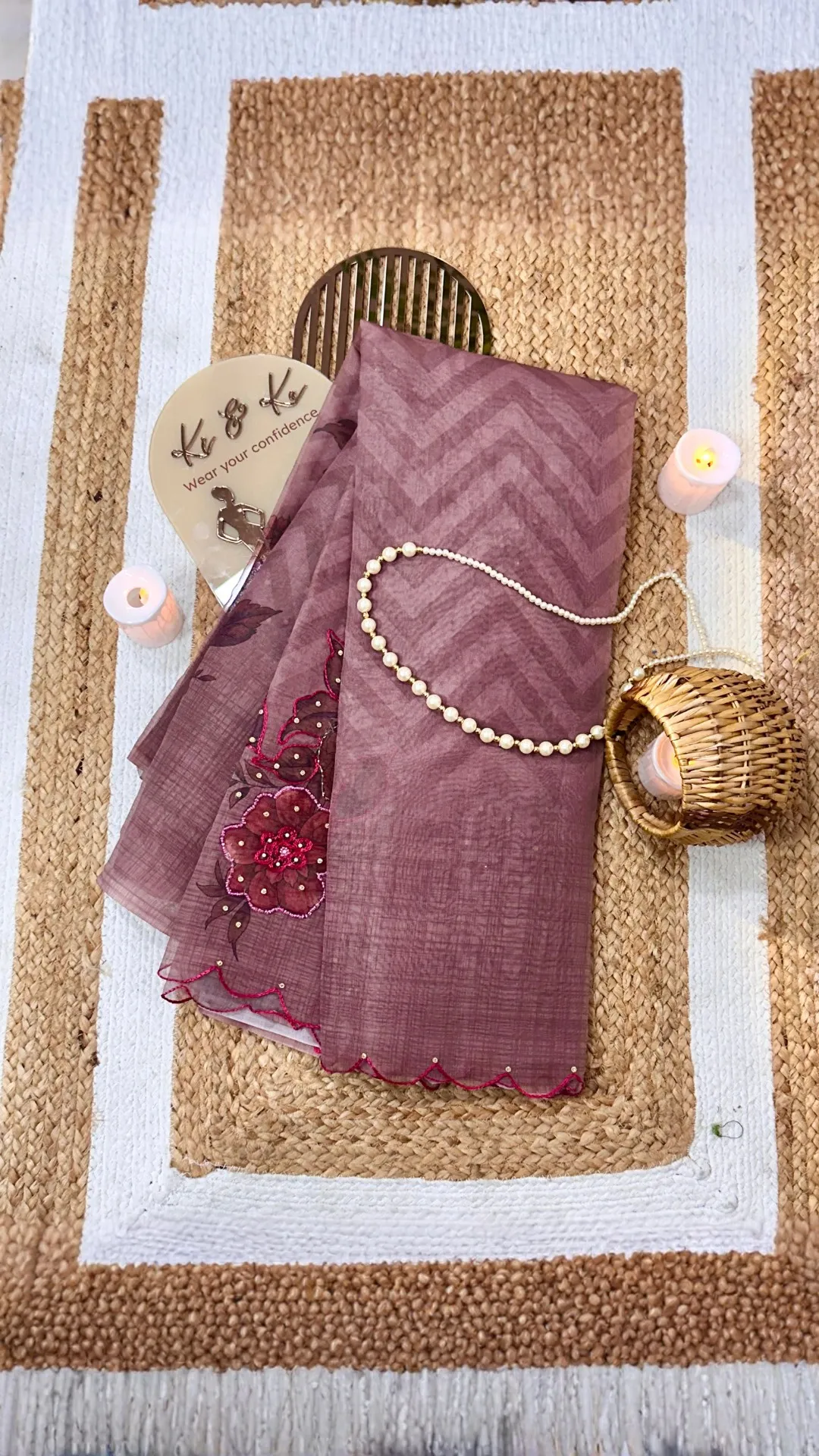 Dusty pink orgenza silk saree with digital print and Khatli work