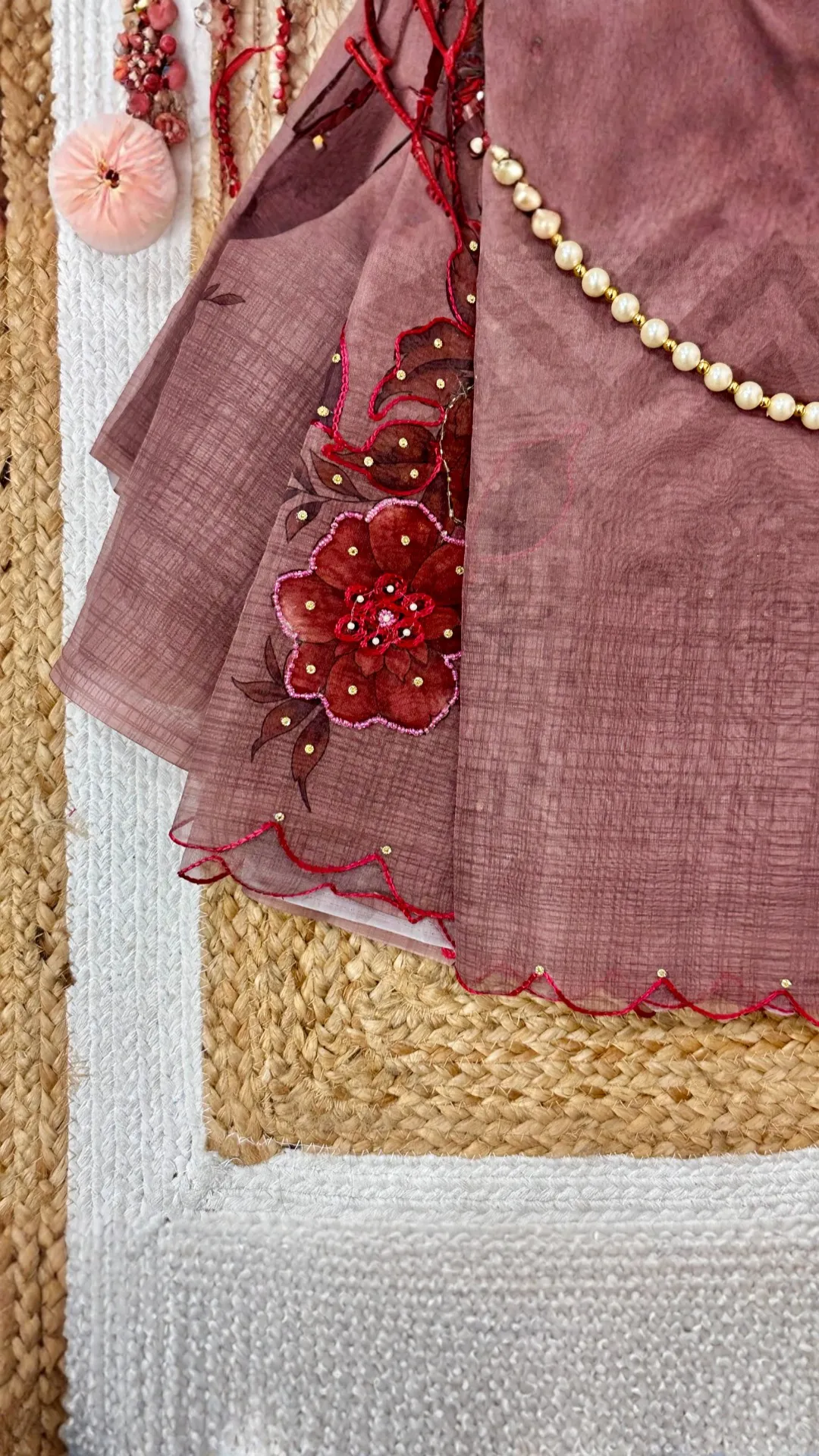 Dusty pink orgenza silk saree with digital print and Khatli work