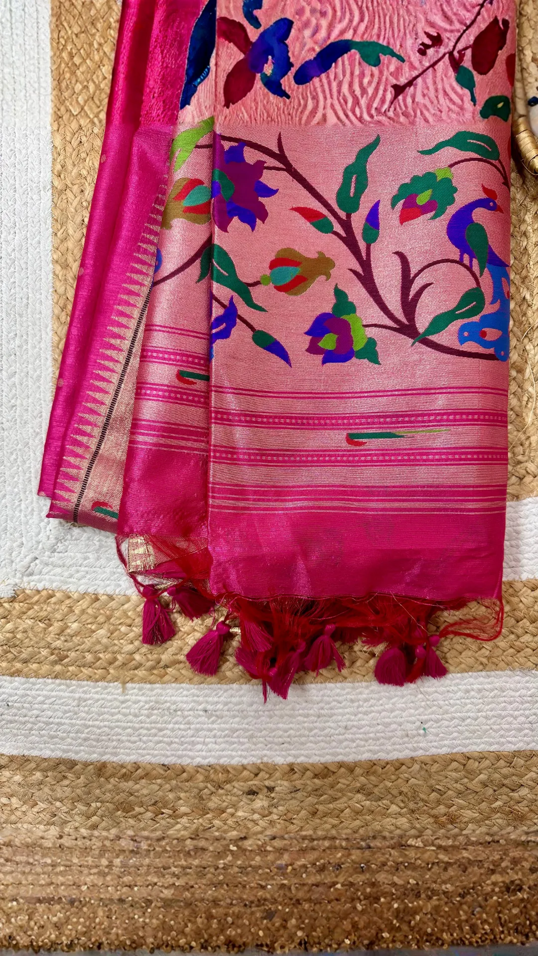 Pink khadi raw silk saree with meenakari weaving paithani pallu
