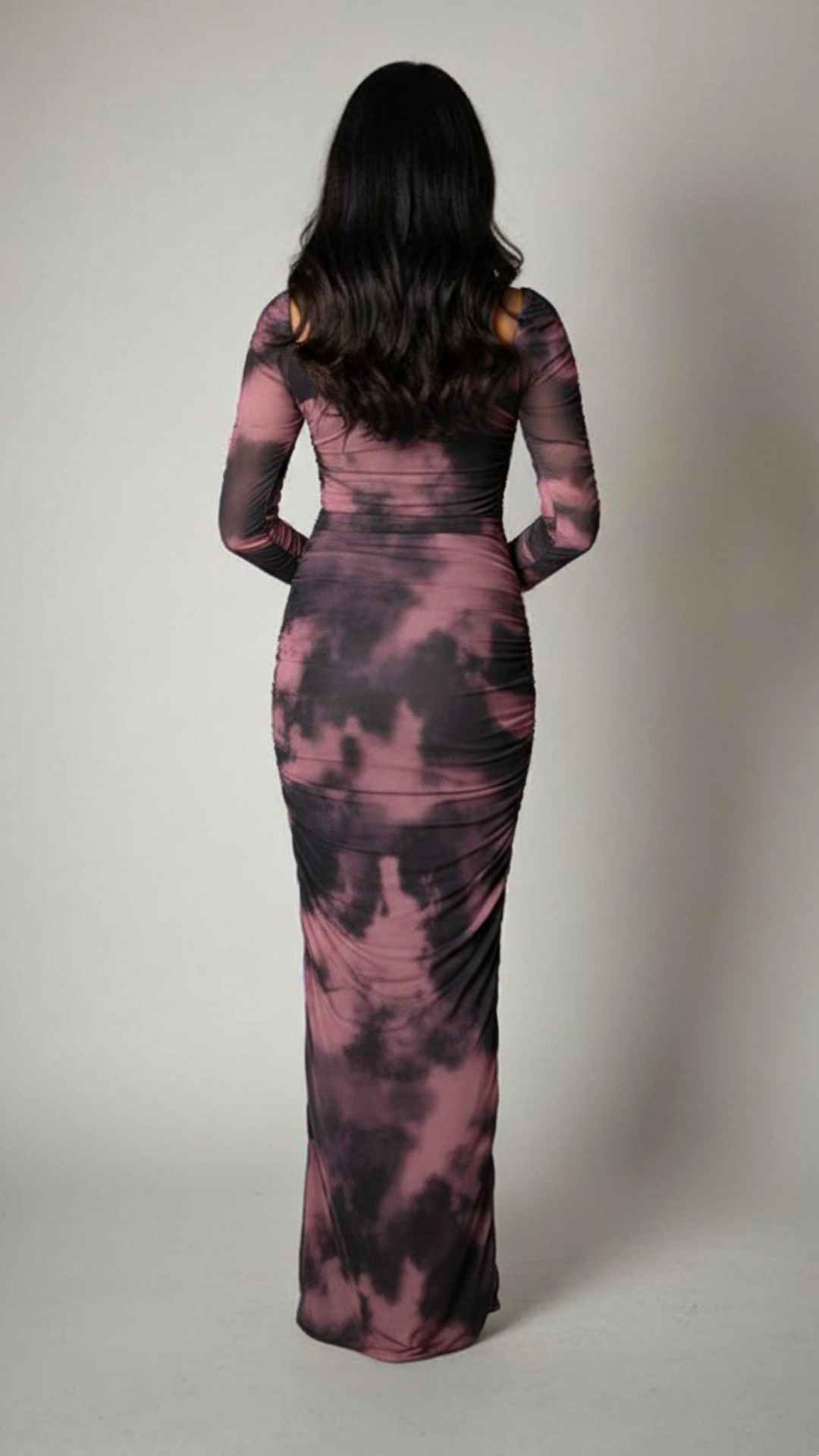 Edgy Pink  Black Ruched Mesh Maxi Dress - Bodycon Night Out Style