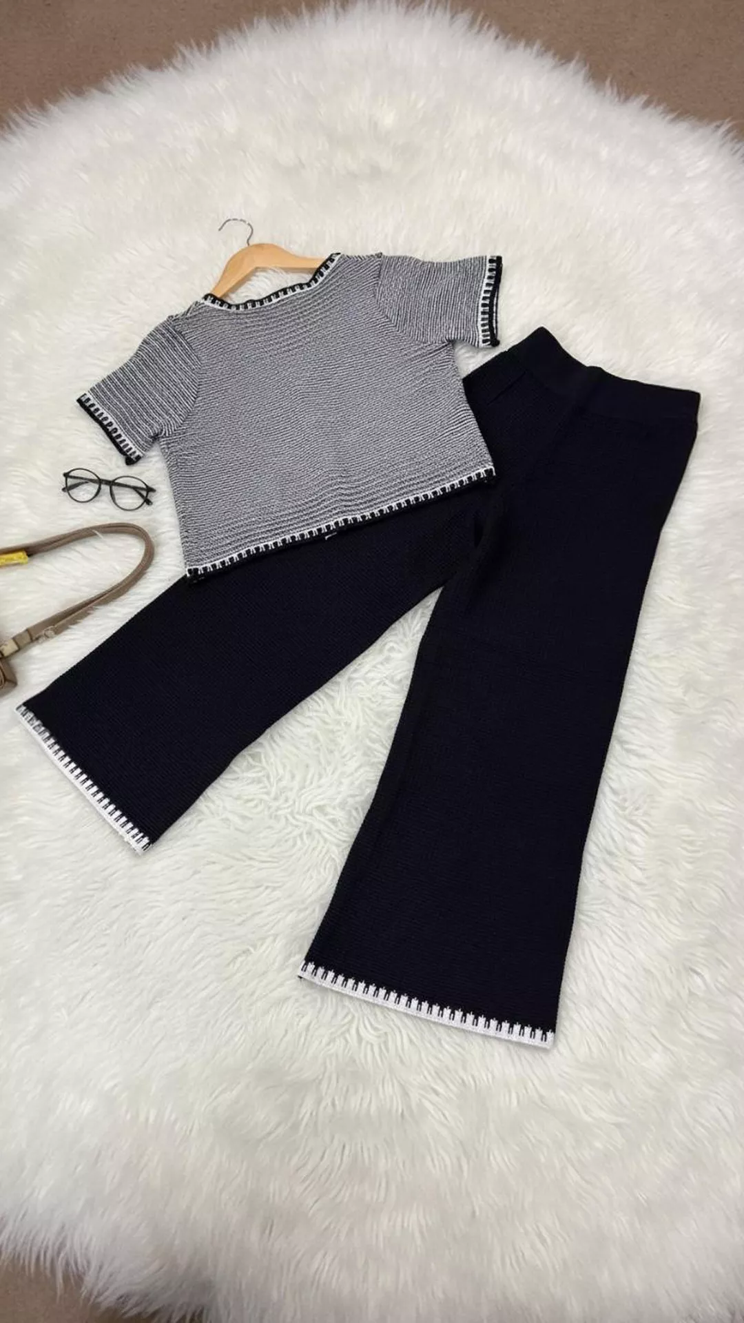 Chic Black White Knit Co-ord Set - Cropped Cardigan Wide-Leg Pants