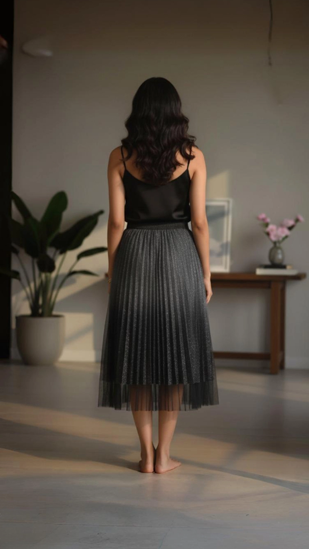 Holographic Pleated Skirt with Tulle Overlay - Party  Statement Wear