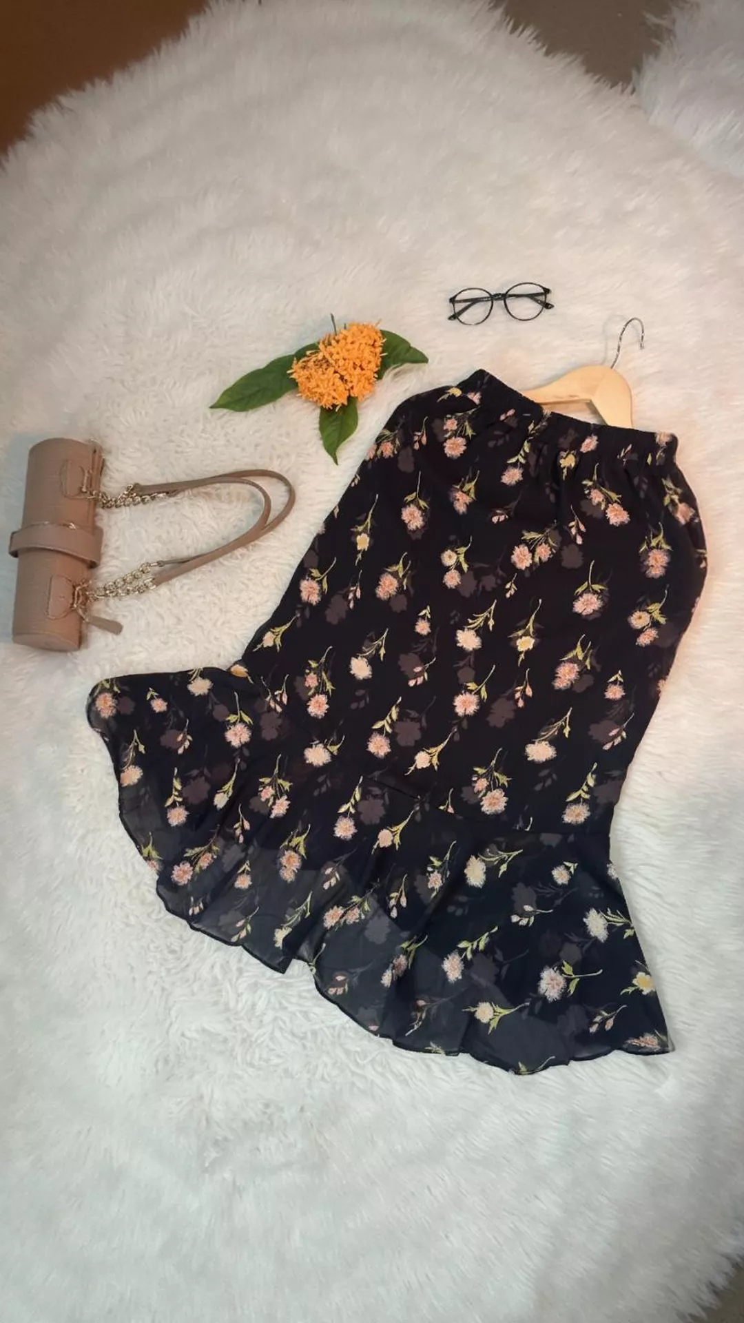 Romantic Black Floral Print Ruffle Hem Skirt - Midi Length