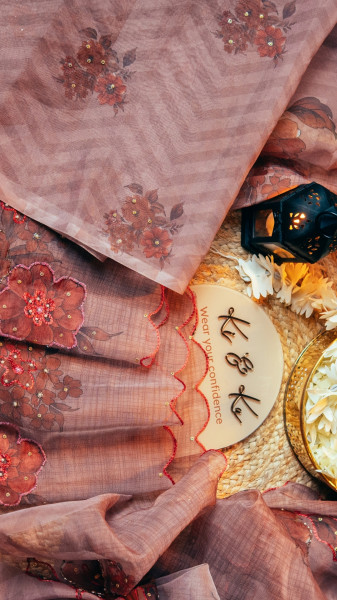 Image of Dusty pink organza silk saree with Khatli work