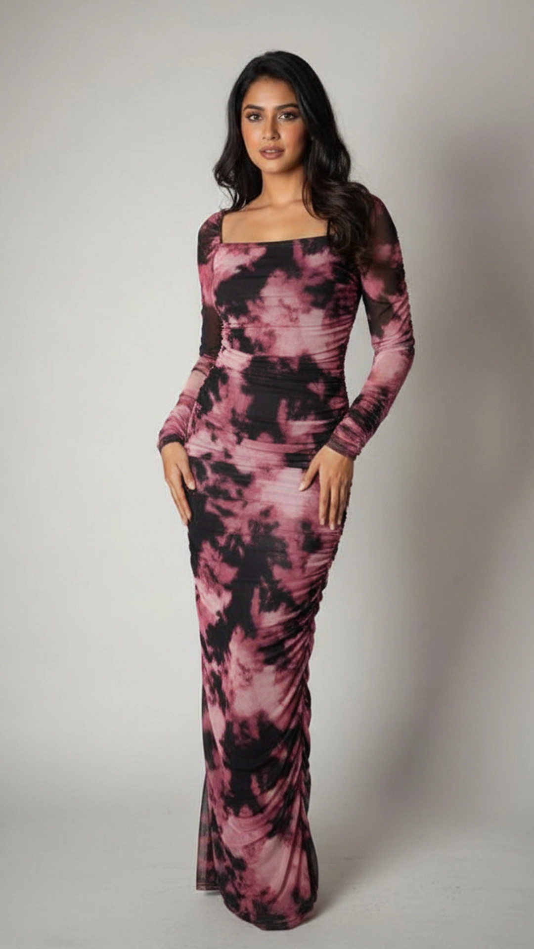 Edgy Pink Black Ruched Mesh Maxi Dress - Bodycon Night Out Style