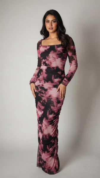 Image of Edgy Pink &amp; Black Ruched Mesh Maxi Dress - Bodycon Night Out Style