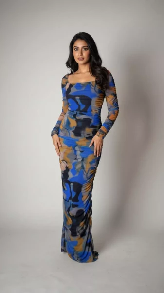 Image of Glam Ruched Abstract Print Maxi Dress - Long Sleeve Bodycon