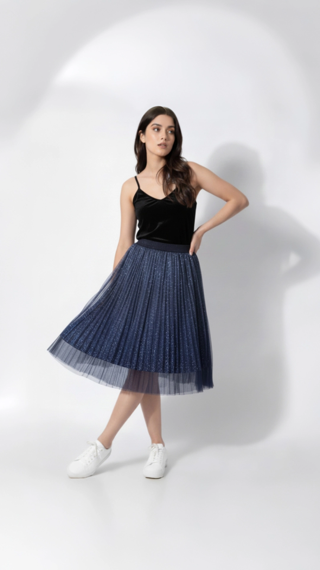 Holographic Pleated Skirt with Tulle Overlay - Party Statement Wear