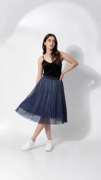 Image of Holographic Pleated Skirt with Tulle Overlay - Party &amp; Statement Wear