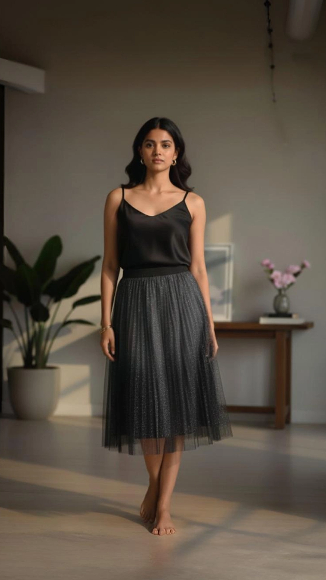 Holographic Pleated Skirt with Tulle Overlay - Party Statement Wear