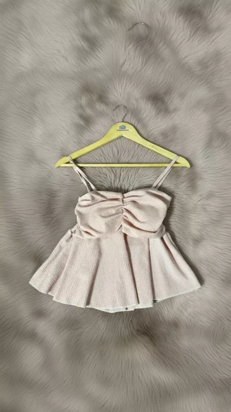 Image of Romantic Ruched Bustier Peplum Top - Light Peach &amp; Lilac Strappy Blouse