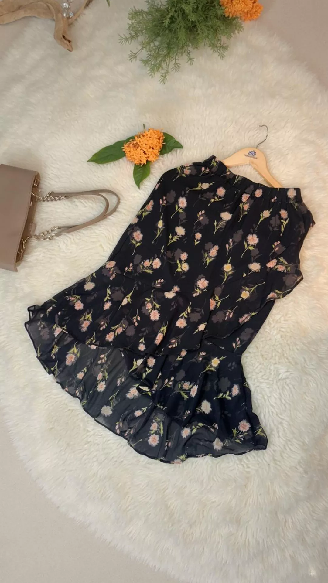 Romantic Black Floral Print Ruffle Hem Skirt - Midi Length