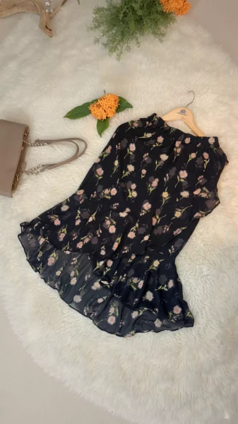 Image of Romantic Black Floral Print Ruffle Hem Skirt - Midi Length