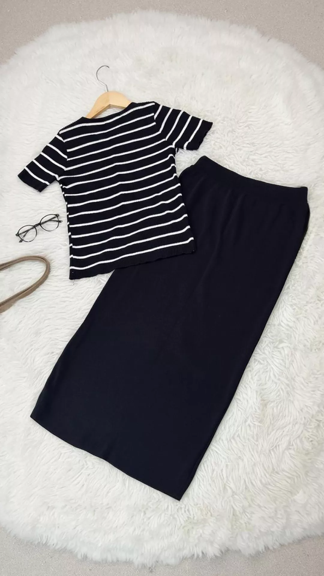 Classic Striped Knit Co-ord Set - Cardigan Top Midi Pencil Skirt