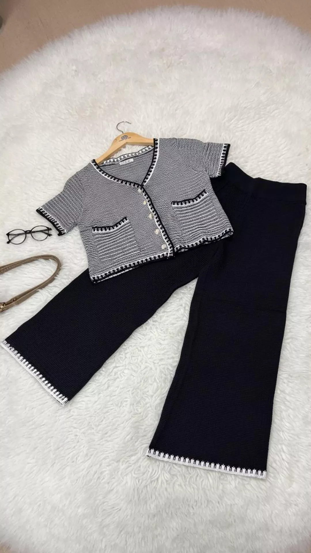 Chic Black White Knit Co-ord Set - Cropped Cardigan Wide-Leg Pants