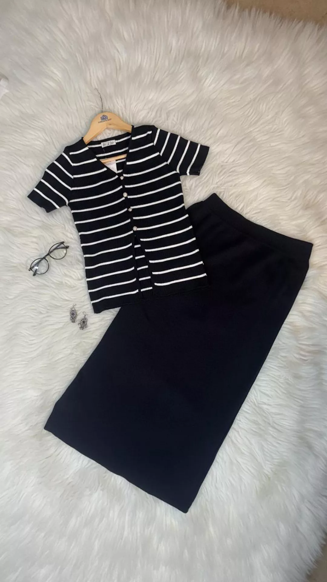 Classic Striped Knit Co-ord Set - Cardigan Top Midi Pencil Skirt