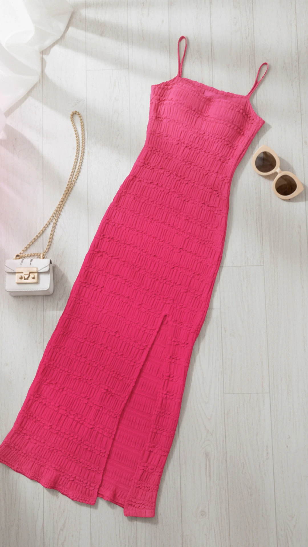 Glamorous Textured Ruffle Maxi Dress with Slit - Spaghetti Straps