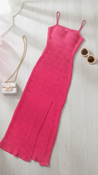 Image of Glamorous Textured Ruffle Maxi Dress with Slit - Spaghetti Straps